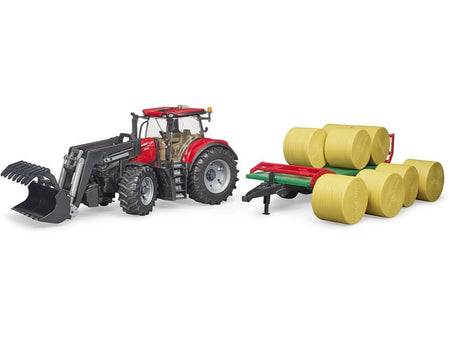 Bruder Case IH Optum 300 CVX tractor with bale trailer and bales