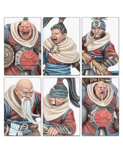 Six  panels showing different painted fantasy warrior figures with red and blue robes, beige cloaks, and metallic armor details on a white background.