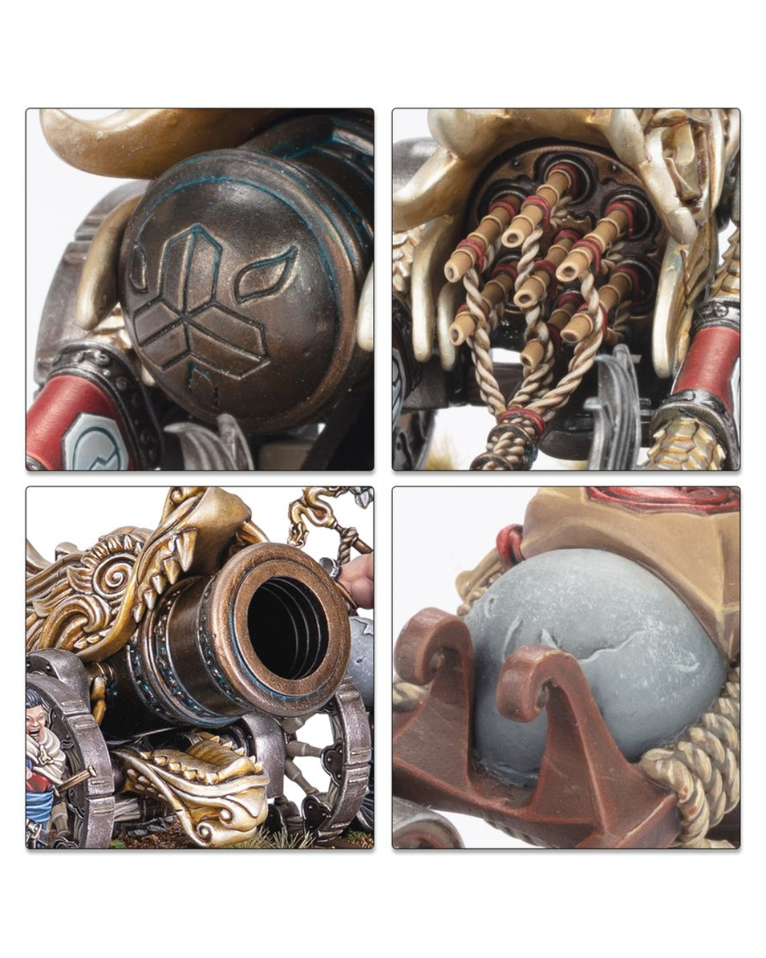 Four close-up detail panels of a Warhammer miniature, showing embossed symbols, rope details, a cannon-like opening, and a gray orb in a decorative setting.