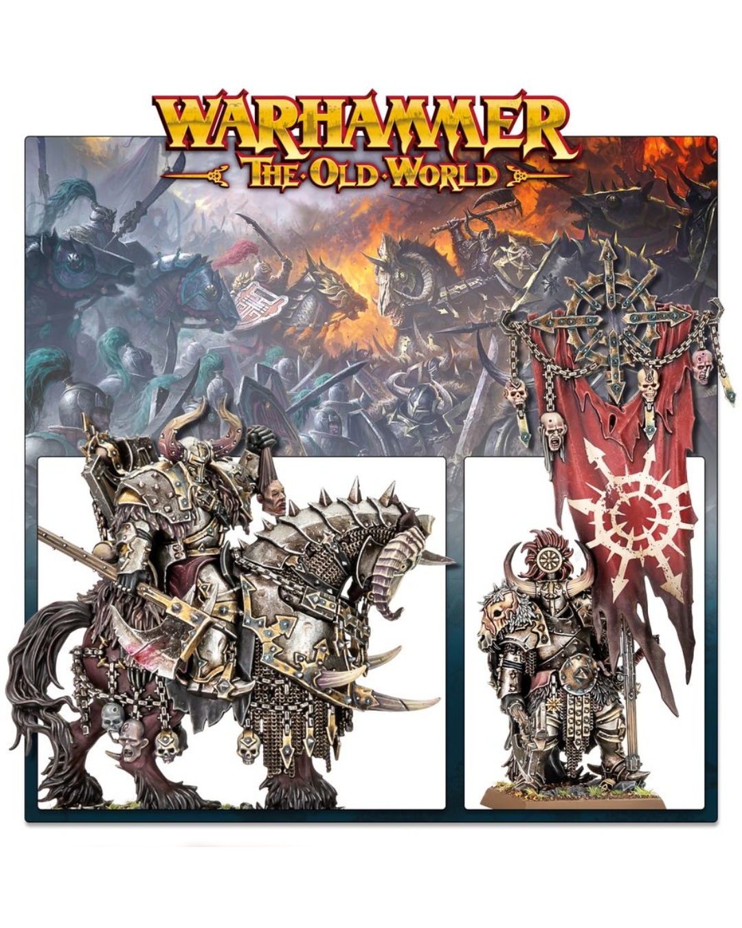 Warhammer The Old World Games miniatures kit box art featuring Chaos Warriors on a horse, a banner, and a Chaos Lord, with the Warhammer logo at the top.