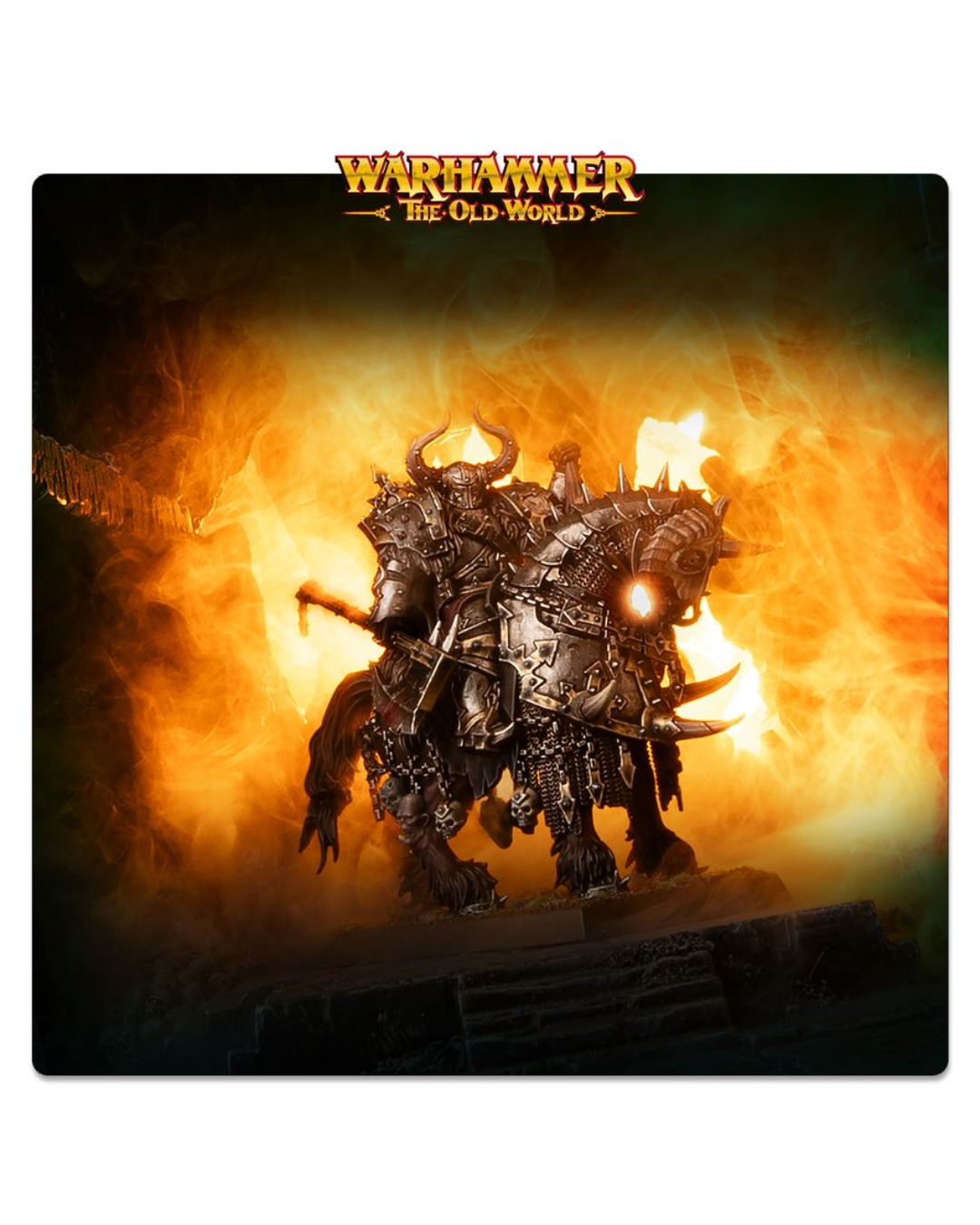 Warhammer: The Old World panel of a heavily armored warrior miniature on a beast against a fiery orange and yellow background, with the Warhammer logo at the top.