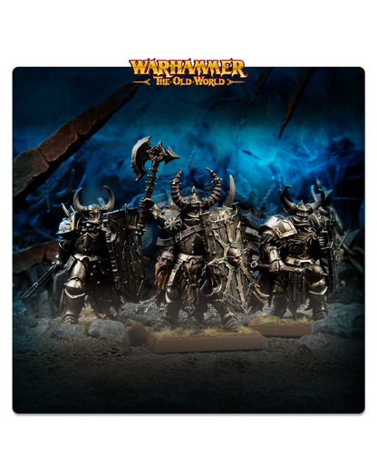 Warhammer The Old World miniatures featuring several horned Space Marines with weapons like the Great Axe and a scythe, under a dark blue cosmic sky with the Warhammer  logo at the top.