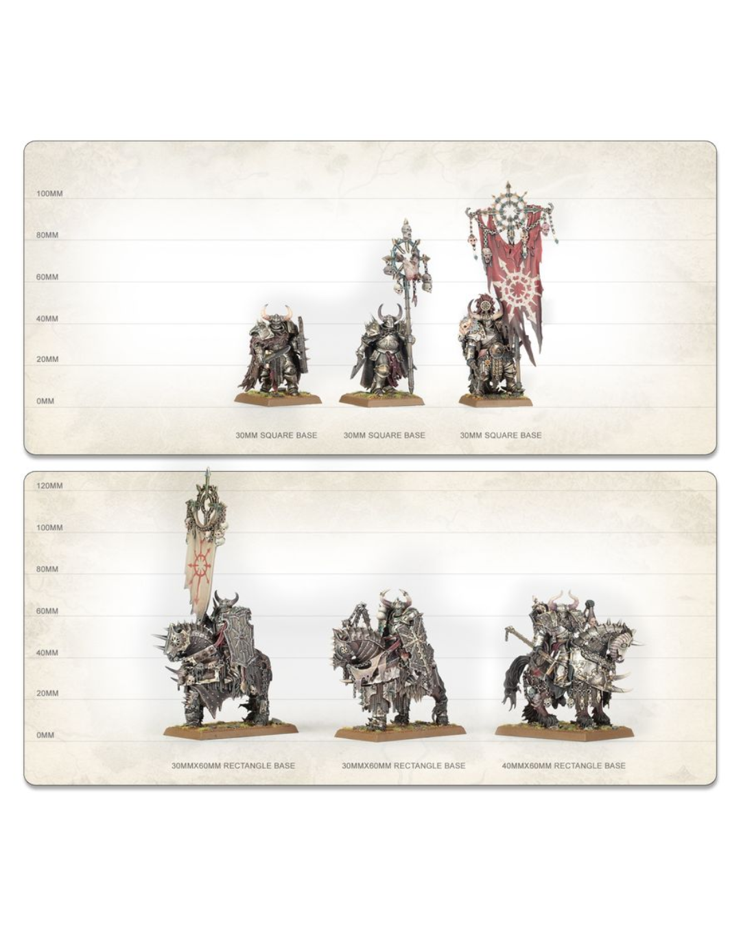 Two rectangular tabletop gaming playmat panels showing miniature models and bases with printed height markings. The top panel shows three dark square bases with small armored figures and a tall banner.