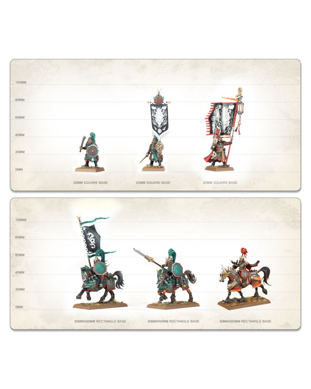 A printed reference chart showing painted miniature figures and mounted models with height markings on a parchment-style background. The top panel shows three infantry figures labeled 20mm square base, and the bottom panel shows three mounted figures labeled 20mm rectangular base.
