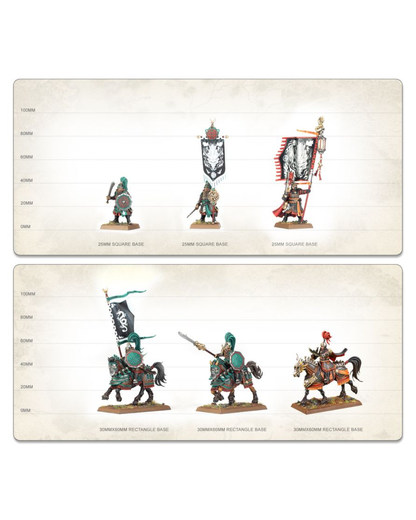 A printed reference chart showing painted miniature figures and mounted models with height markings on a parchment-style background. The top panel shows three infantry figures labeled 20mm square base, and the bottom panel shows three mounted figures labeled 20mm rectangular base.