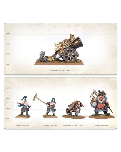 Four painted tabletop miniatures displayed on a light beige background with printed labels beneath each figure. The set includes a cannon mounted on a dragon-like base, and four infantry figures labeled Pimp Square Base, Jnr Square Base, Diminutive Rectangular Base, and Quad Square Base.