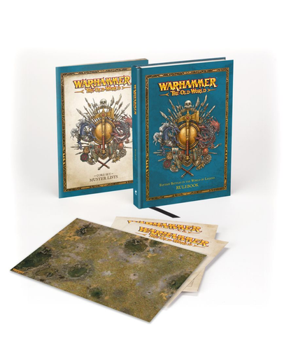 Warhammer Master Lists book set with a blue hardcover, a smaller companion book, and a rolled-up map on a white background.