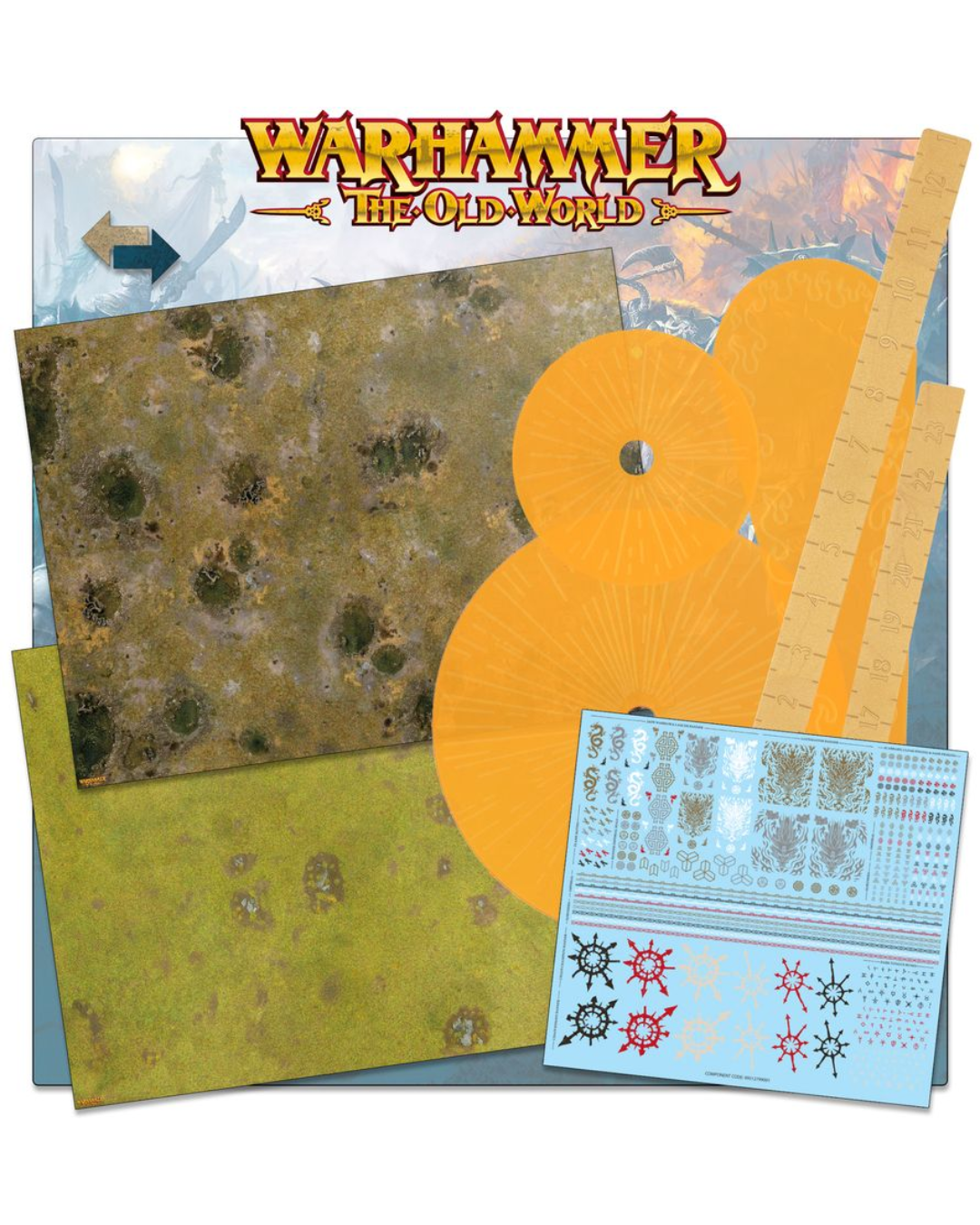 Warhammer 40k The Old World tabletop gaming terrain kit featuring two textured terrain sheets (one brown, one green), orange circular templates, a wooden ruler, and a sheet of decals on a white background.