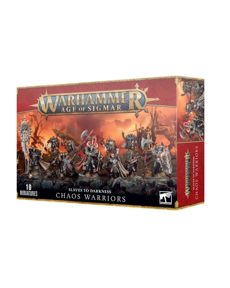 Warhammer Age of Sigmar Chaos Warriors miniatures box, showing the front and side panels with painted warrior figures and the Warhammer logo.