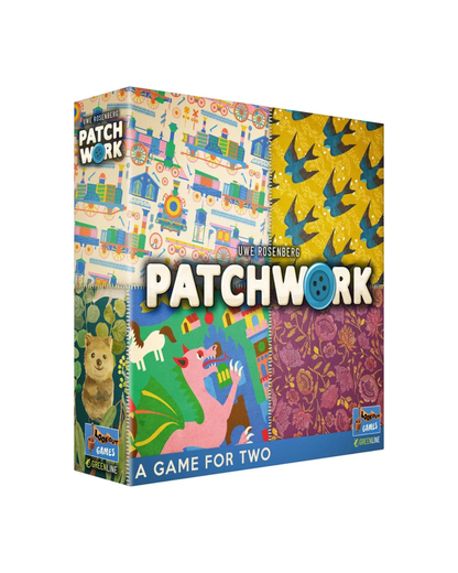 Patchwork board game box by Design with Designers, featuring a colorful illustrated cover with multiple patterned sections and the title 'PATCHWORK' in large white letters with a blue button detail.