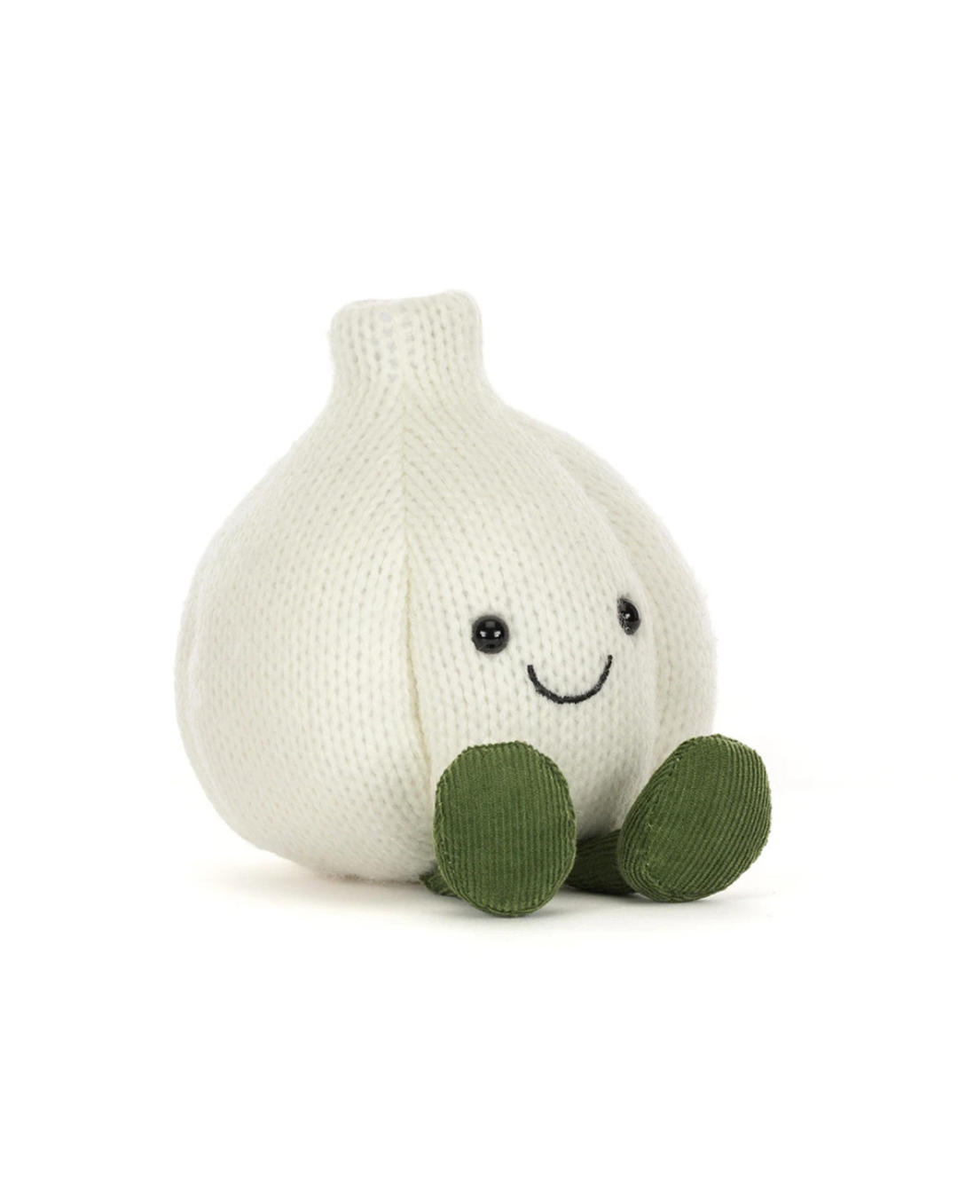 A knitted garlic plush toy in off-white with green feet and a simple embroidered smiley face, photographed on a clean white background.