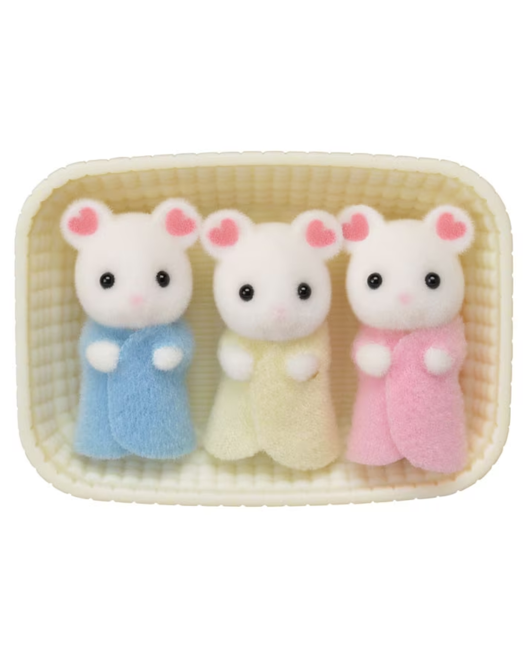 Three sylvanian mouse figurines laying side by side inside a cream-colored cradle. The left mouse wears a light blue outfit, the middle mouse wears a pale yellow outfit, and the right mouse wears a light pink outfit.