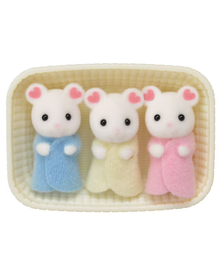 Three sylvanian mouse figurines laying side by side inside a cream-colored cradle. The left mouse wears a light blue outfit, the middle mouse wears a pale yellow outfit, and the right mouse wears a light pink outfit.