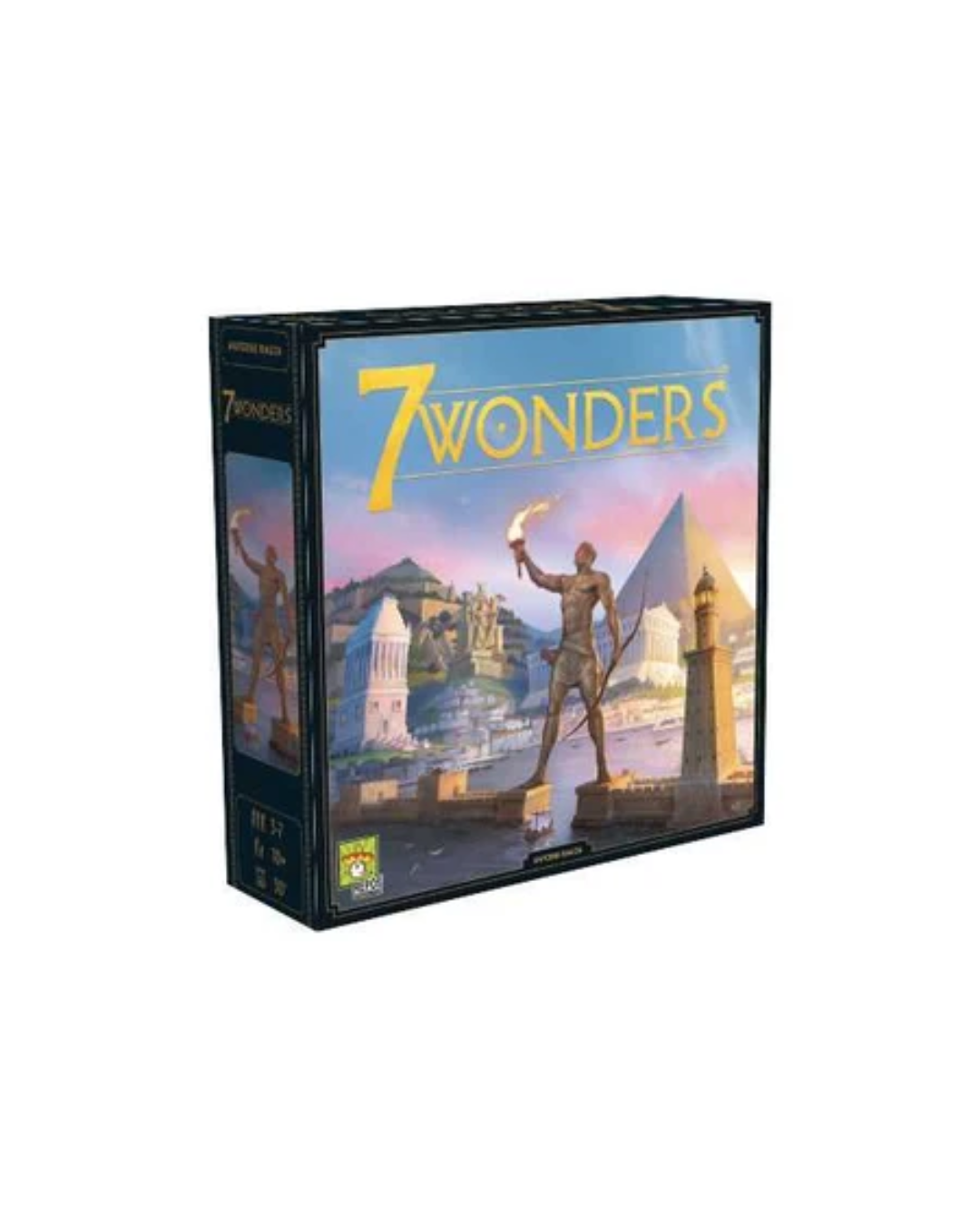 The board game box for '7 Wonders' is shown at a three-quarter angle against a plain white background. The box art features a colorful illustration of ancient Egyptian pyramids and a figure holding a torch, with the game title '7 WONDERS' in large yellow letters at the top.