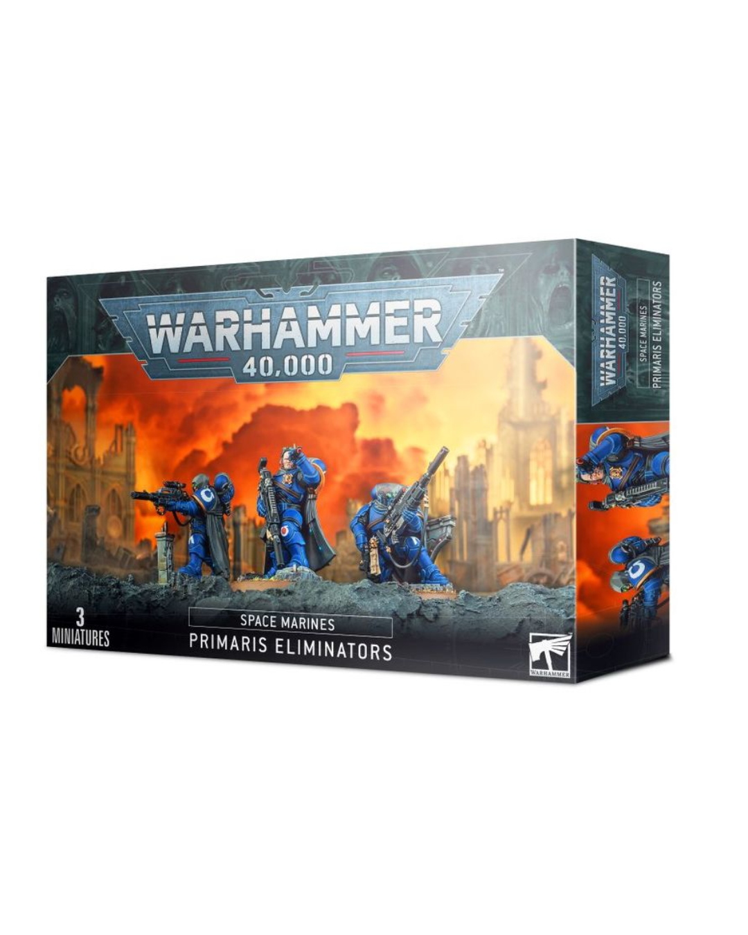 Warhammer 40,000 Space Marines Primaris Eliminators miniatures box, showing blue armored space marine figures and a fiery orange sci-fi battle scene on the front of the packaging.