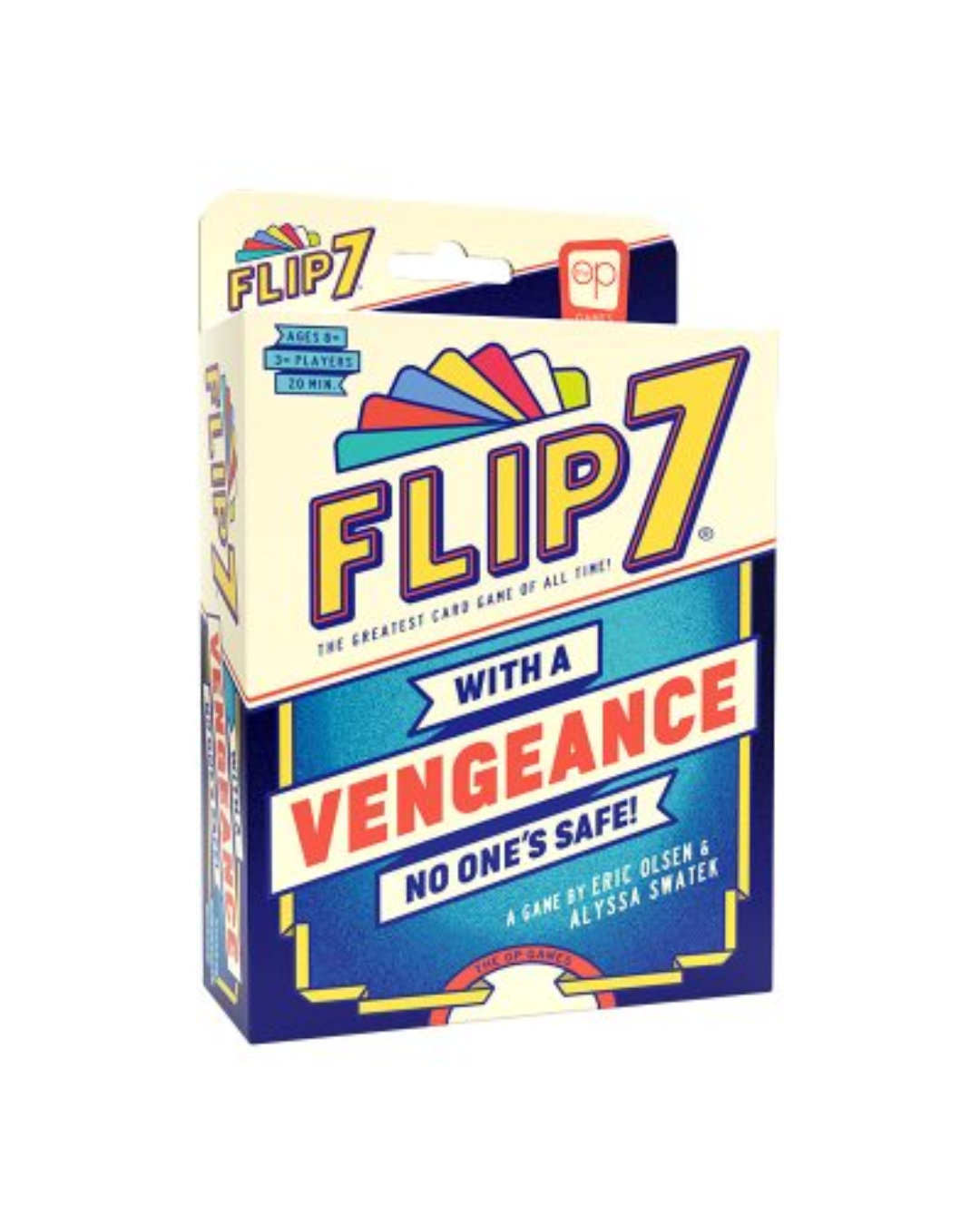 Flip 7 with a Vengeance card game box, featuring a retro-style cream and blue design with bold yellow and red lettering, shown on a plain white background.