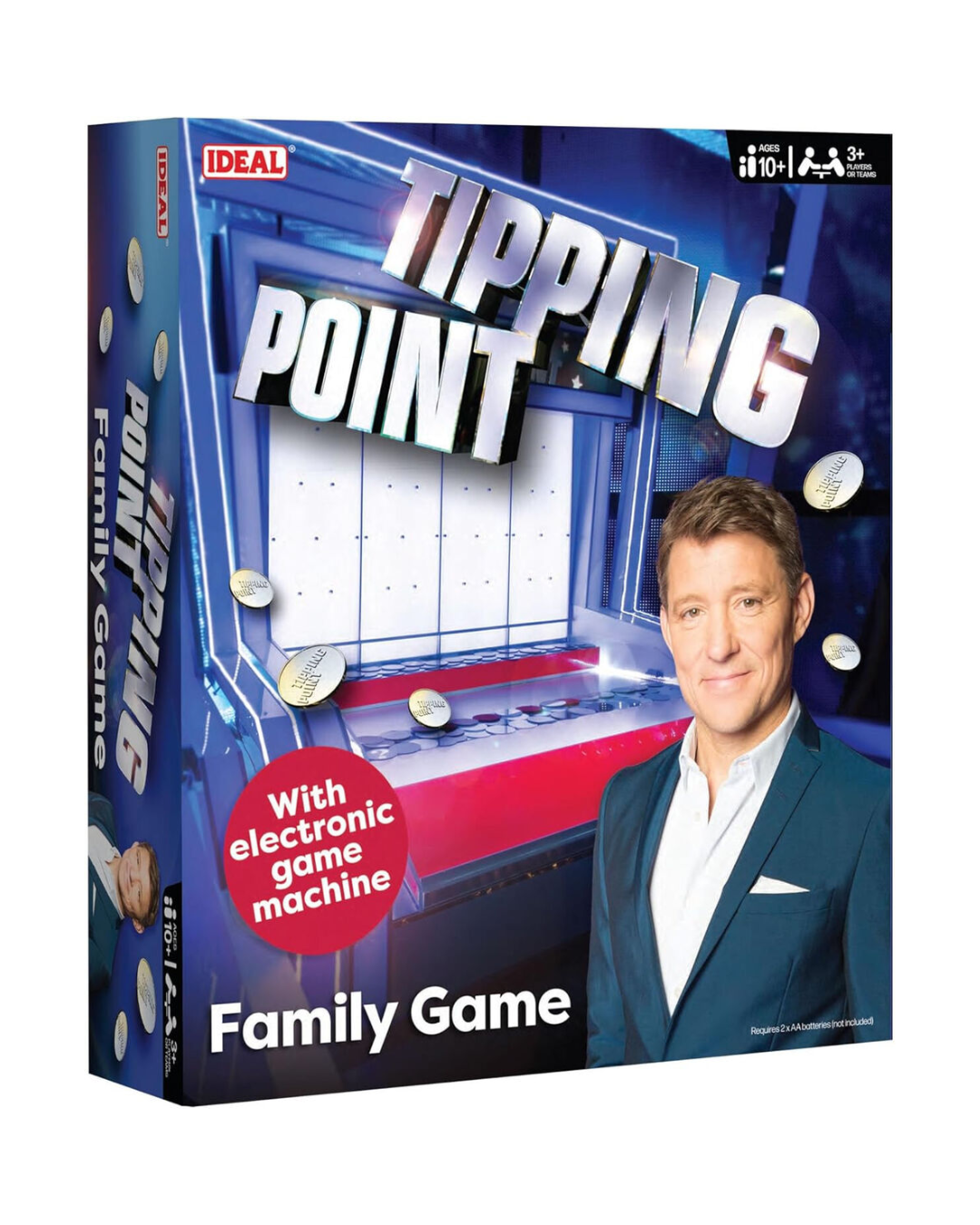 Tipping Point Family Game box set shown at a three-quarter angle on a plain white background. The packaging features a blue and red electronic game machine graphic, large white 'TIPPING POINT' text, a red circular badge, and a photo of a man in a blue suit on the front.