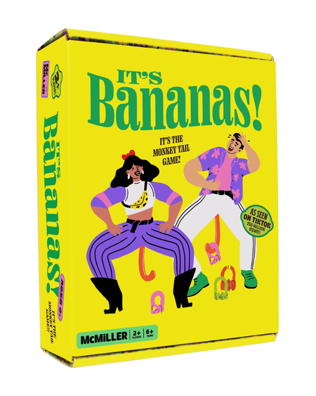 The board game box for 'It's Bananas!' by McMilliner, featuring a bright yellow background with colorful cartoon illustrations of two characters and bananas.
