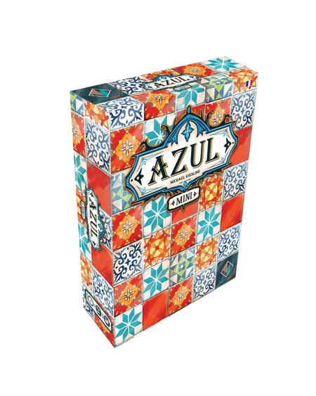 A 4-player mini deck box for the board game Azul, featuring a colorful Mediterranean tile pattern in red, orange, blue, and white on a clean white background.