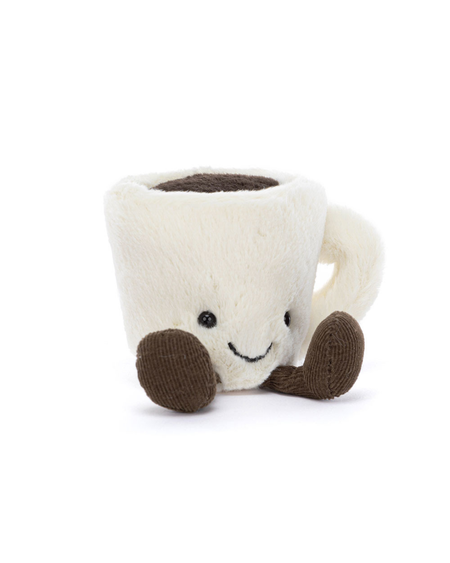 A plush coffee mug toy with a cream-colored body, brown corduroy feet, and a smiling embroidered face, set against a plain white background.