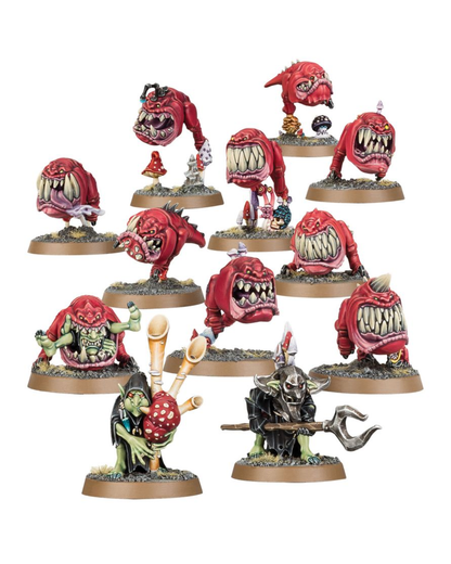 A set of painted fantasy miniature figures arranged on round brown bases against a plain white background. The group includes several red goblinoid creatures, a green zombie-like figure, and a dark armored warrior holding a large axe.