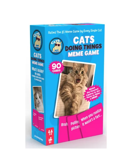 The retail packaging box for the 'Cats Doing Things Meme Game' by @comedyzone. The box is bright blue with pink accents, featuring a photo of a tabby cat on the front cover and text indicating it contains 90 cards.