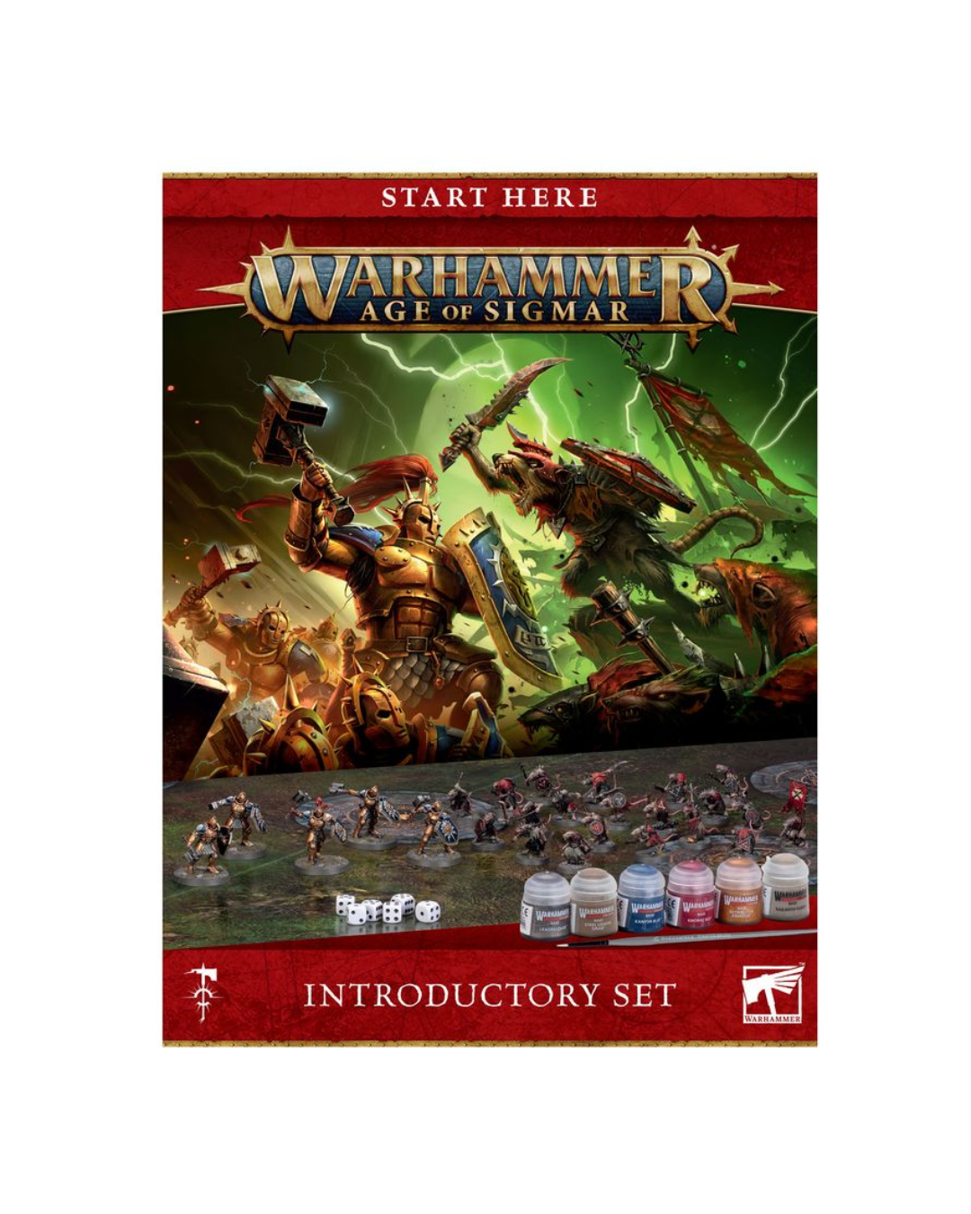 Warhammer Age of Sigmar Introductory Set box art, featuring a red border, fantasy battle illustration with a warrior and monster, small painted miniatures, and paint bottles at the bottom.