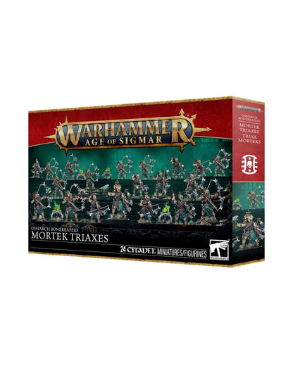 Warhammer Age of Sigmar Mortek Triaxes miniature figures box, featuring a red and black packaging design with green artwork and the Warhammer logo.