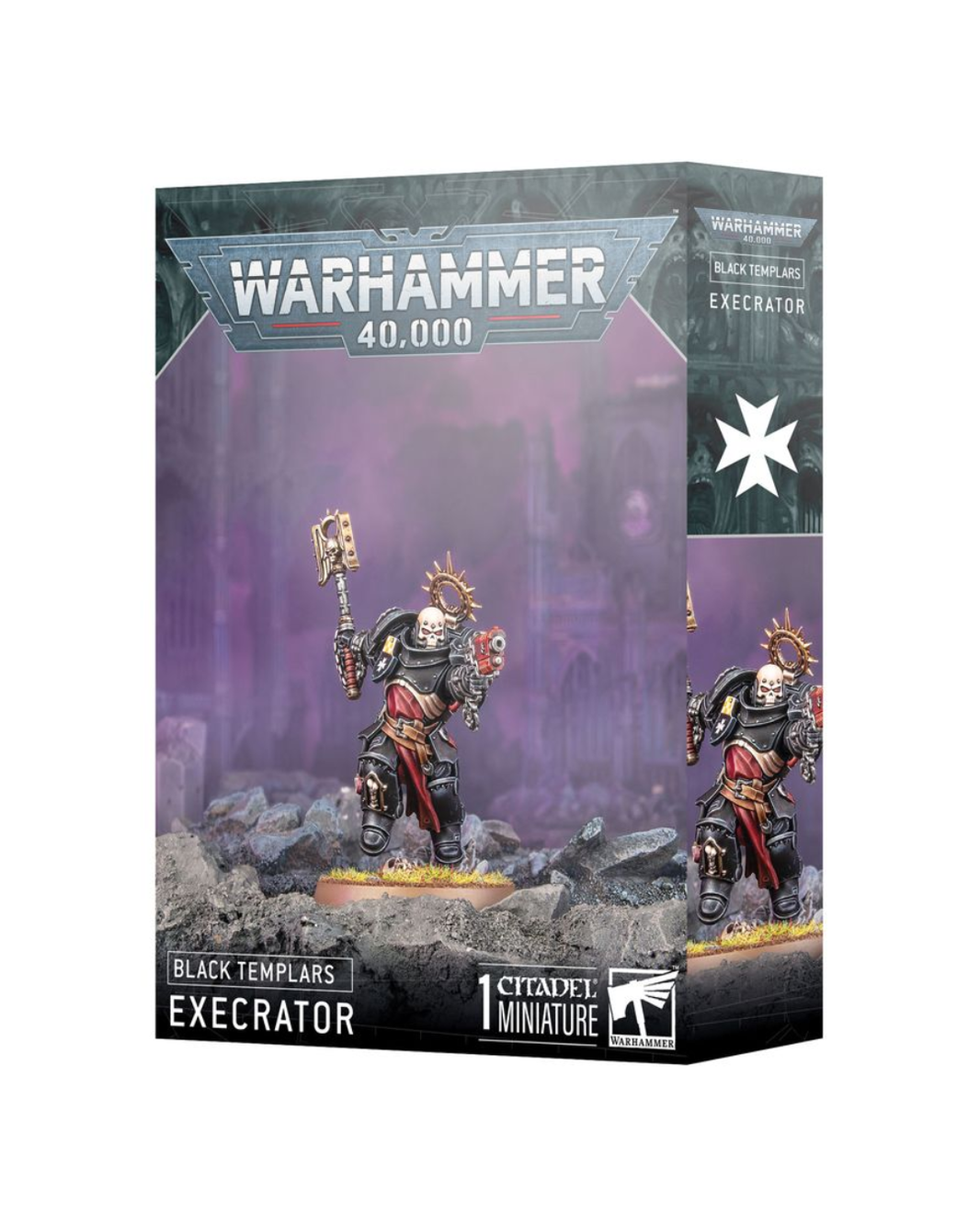 Warhammer 40,000 Black Templars Exector miniature box set by Games Workshop, featuring illustrated product packaging with a purple sci-fi background and a small warrior figure holding a mace.