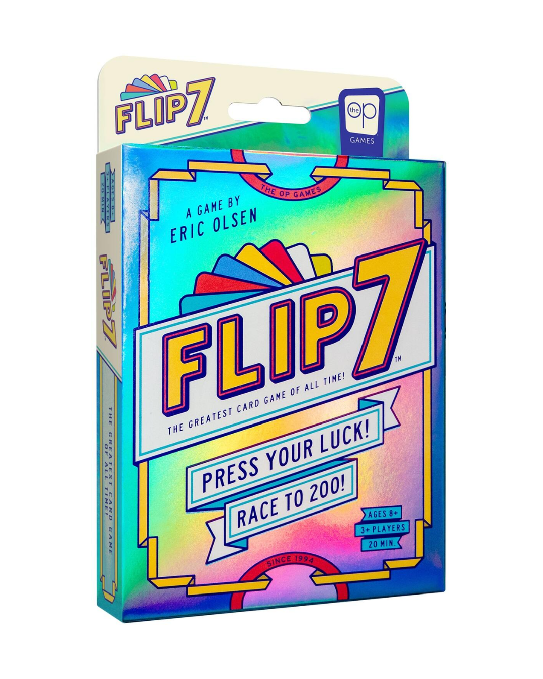 Flip 7 card game box by Eric Olsen, featuring a colorful holographic design with yellow and blue lettering and a hanger tab at the top.
