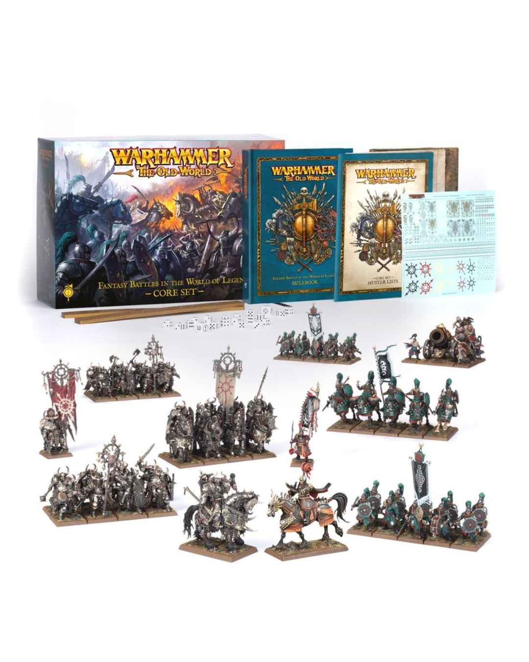 Warhammer Core Set miniatures and box set displayed on a white background, including multiple painted fantasy soldier figures, a box, rulebook, and instruction sheet.