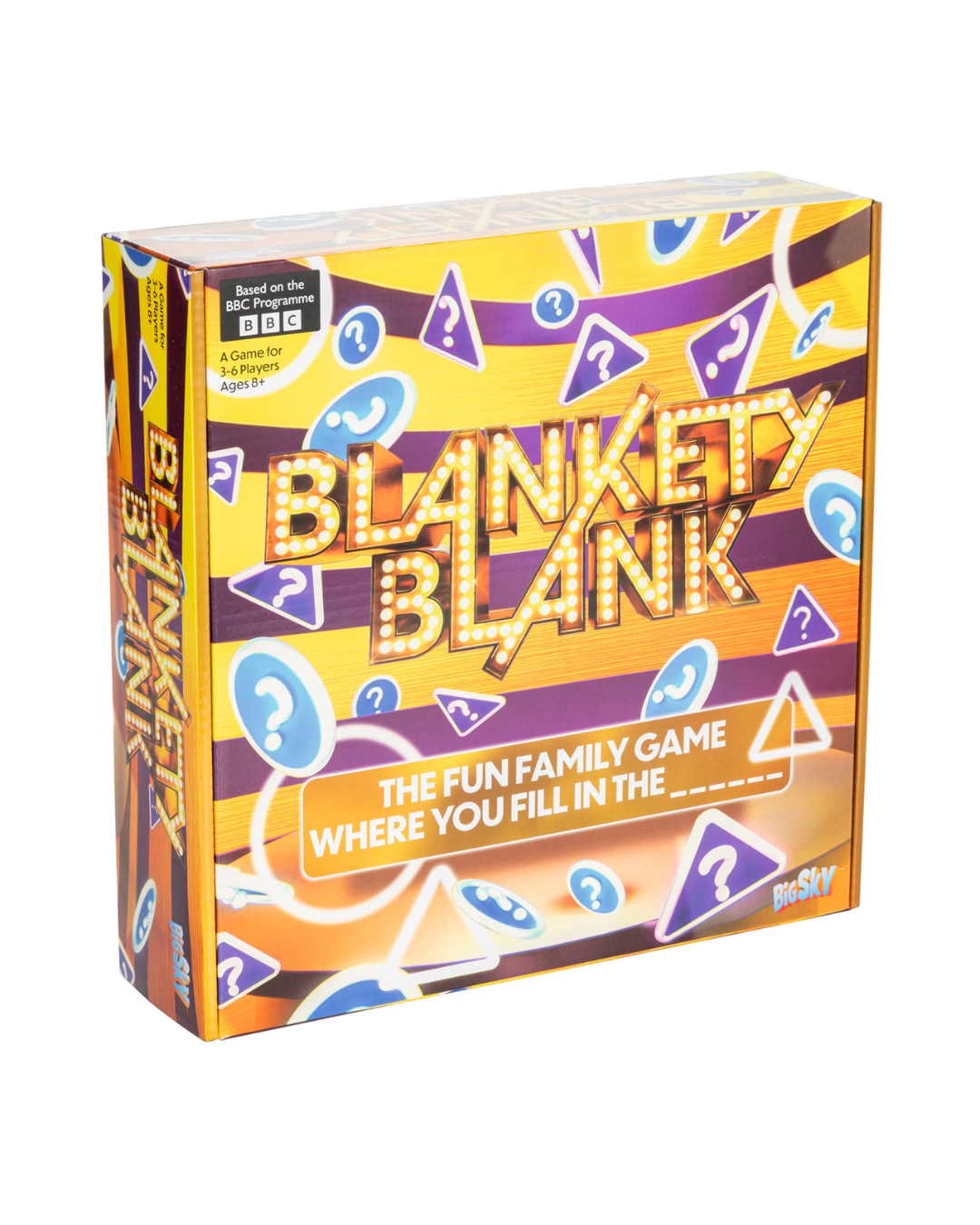 Blankety Blank family game box shown at a three-quarter angle on a plain white background. The packaging features a bright yellow and orange striped design with purple question-mark-shaped icons and the title 'BLANKETY BLANK' in large marquee-style letters.