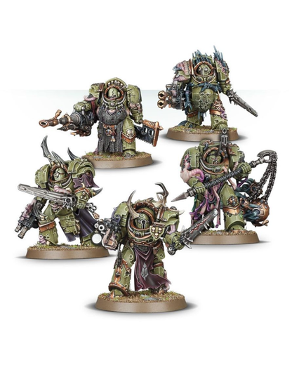Five painted fantasy warrior miniatures with heavy armor and weapons, arranged on round bases against a plain white background.