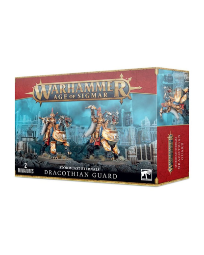 Warhammer Age of Sigmar Dracothian Guard miniature box, featuring illustrated red and gold armored figures against a blue cityscape background on a white studio backdrop.