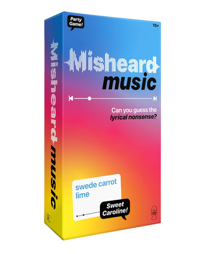 Misheard Music party game box with a blue-to-pink-to-yellow gradient cover, shown at a three-quarter angle on a white background.