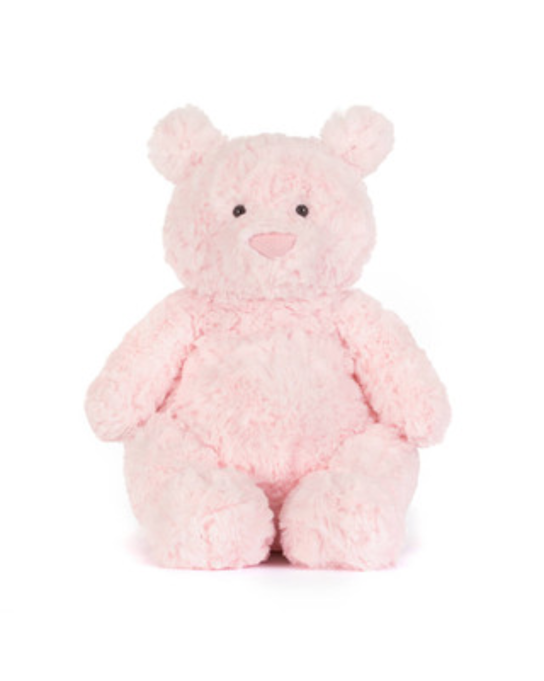 A soft, fluffy pink teddy bear plush toy sitting upright against a solid white background.