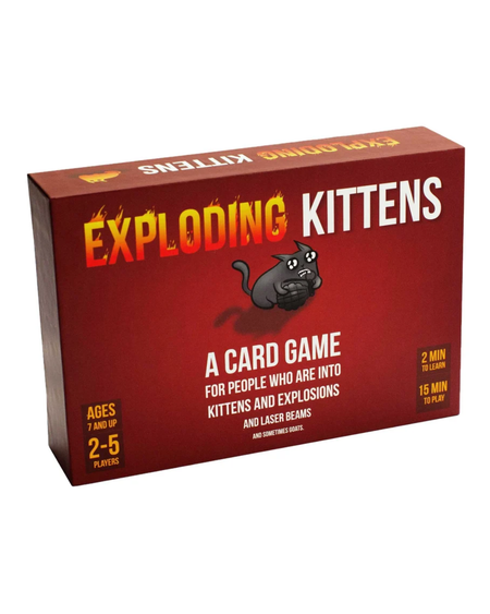 The product packaging box for the card game 'Exploding Kittens' on a clean white background. The box is dark red with yellow and white text, featuring a cartoon black kitten illustration.