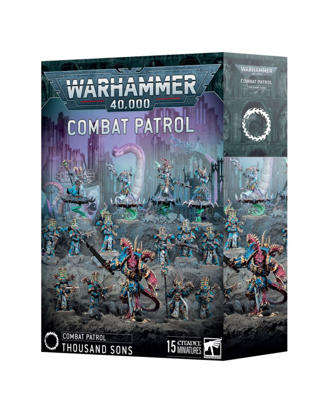 Warhammer 40,000 Combat Patrol Thousand Sons miniatures box set, featuring illustrated product packaging with sci-fi fantasy unit artwork and the Warhammer 40,000 logo.