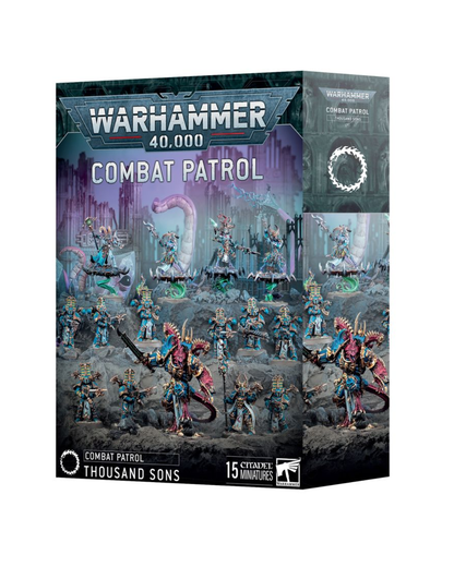 Warhammer 40,000 Combat Patrol Thousand Sons miniatures box set, featuring illustrated product packaging with sci-fi fantasy unit artwork and the Warhammer 40,000 logo.