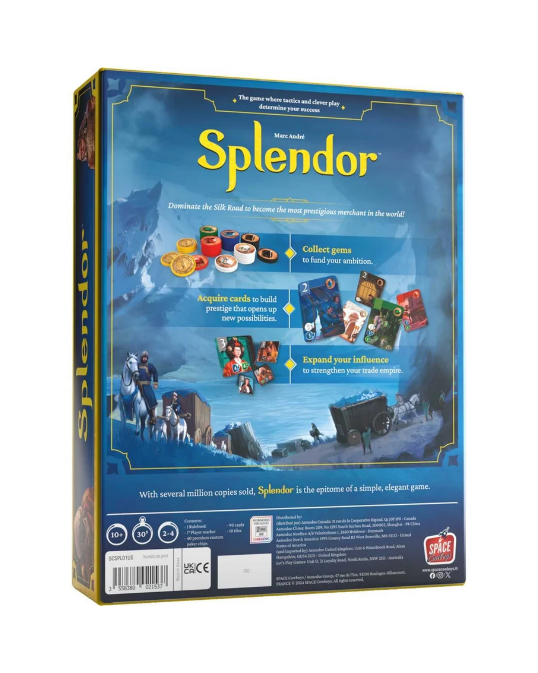 The back of the Splendor board game box, showing the game's rules, cards, and icons on a clean white background.