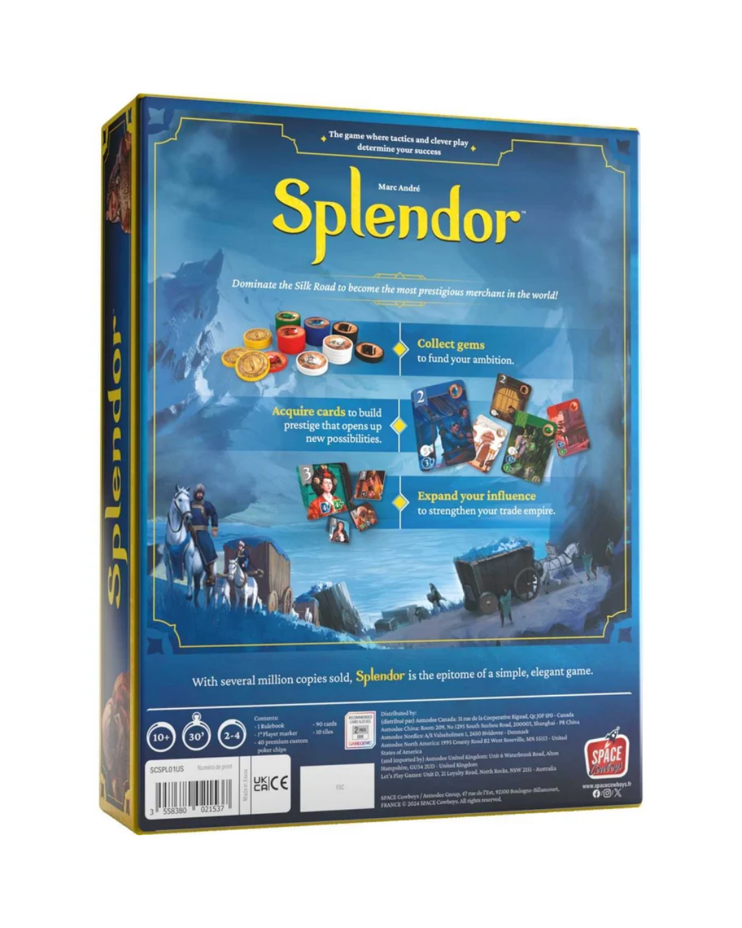 The back of the Splendor board game box, showing the game's rules, cards, and icons on a clean white background.