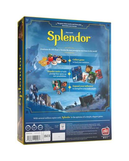 The back of the Splendor board game box, showing the game's rules, cards, and icons on a clean white background.