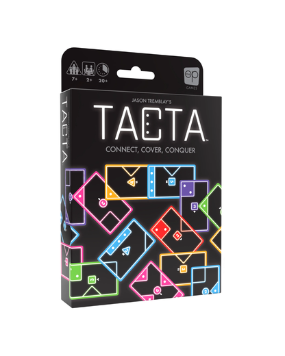 TACTA board game box by Jason Tremblay Kit, featuring a black background with colorful neon geometric shapes and white title text, shown on a plain white background.