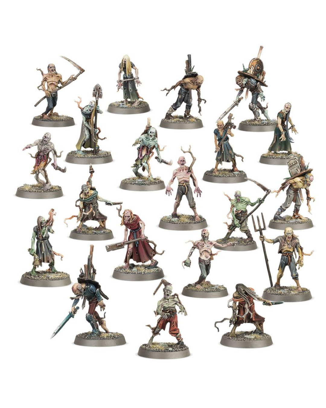 Warhammer zombie miniatures in front of plain white background 