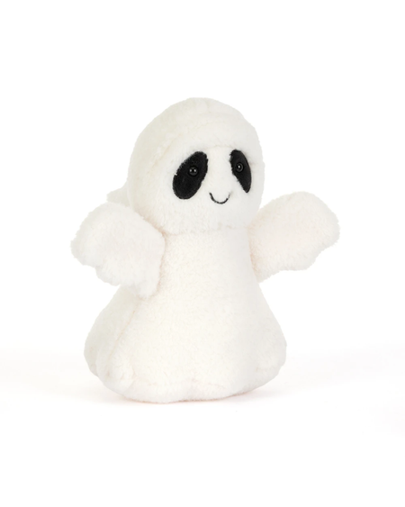 A small white plush ghost toy with black embroidered eyes, a black stitched smile, and small wings, photographed on a clean white background.