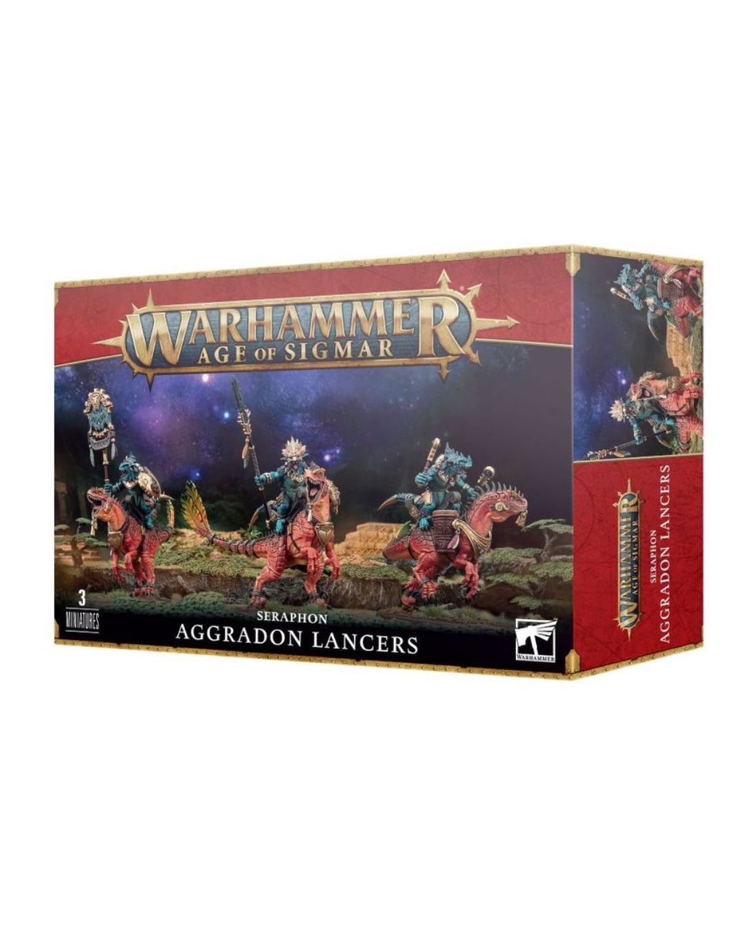 Warhammer Age of Sigmar box for Seraphon Aggradon Lancers, showing the product packaging with illustrated miniature figures and the Warhammer logo on a white background.