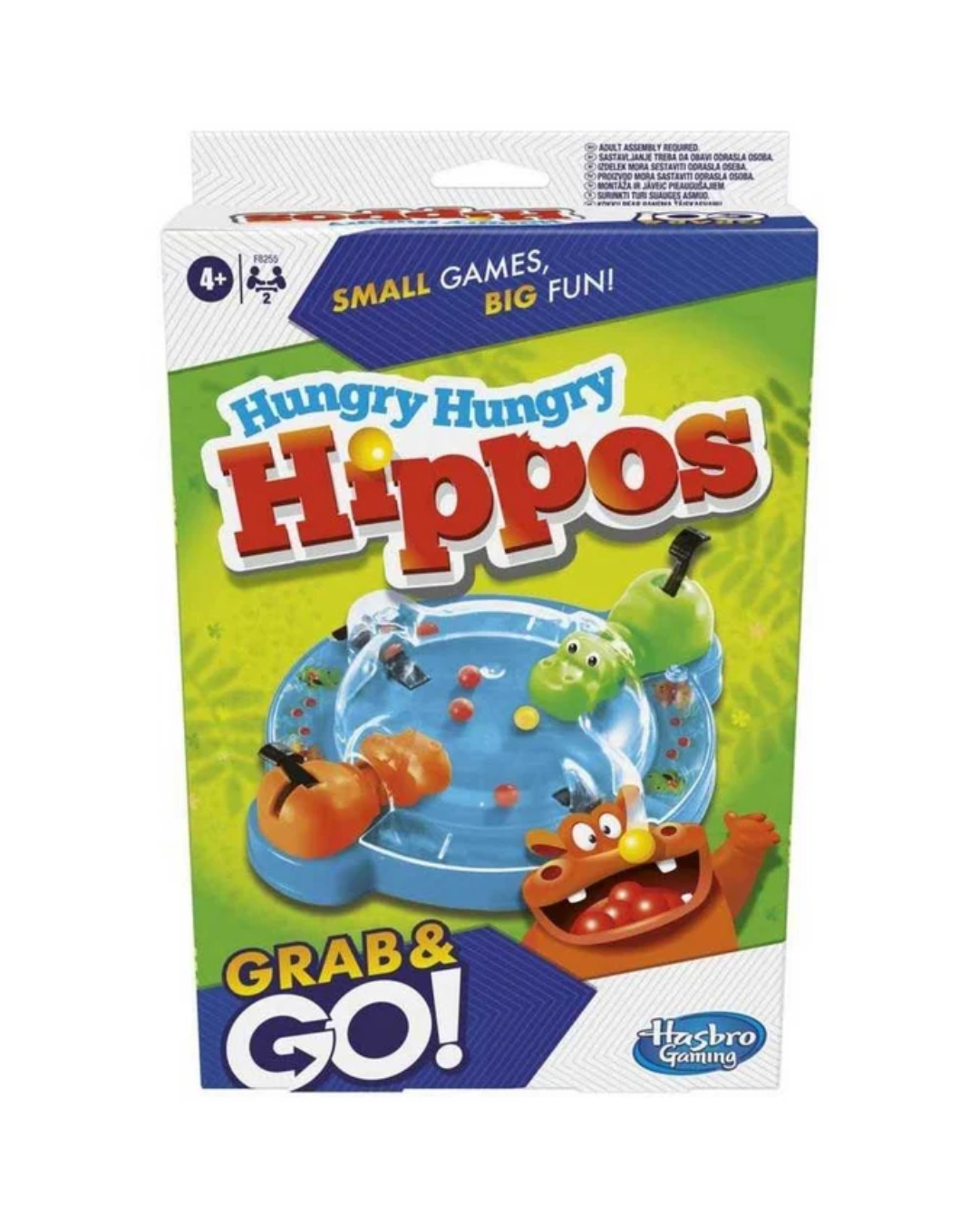 Hungry Hungry Hippos Grab & Go! board game box by Hasbro Gaming, featuring a bright green and blue package design with cartoon hippo graphics.