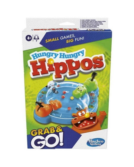 Hungry Hungry Hippos Grab & Go! board game box by Hasbro Gaming, featuring a bright green and blue package design with cartoon hippo graphics.