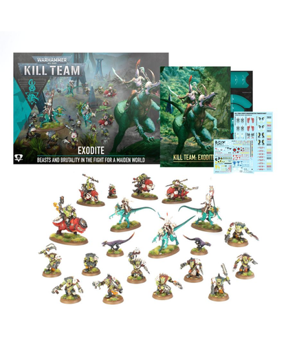 Warhammer 40k Kill Team Exodite miniature set, showing the main battle box, a character art card, a sheet of decals, and multiple painted miniatures on a plain white background.