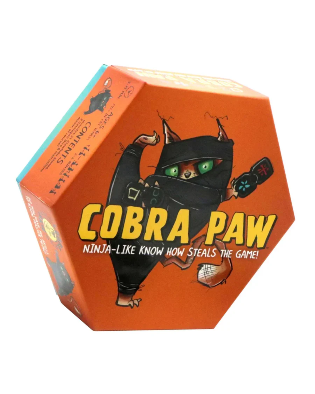 The product is a hexagonal board game box titled 'COBRA PAW' featuring a cartoon ninja cat. The box is primarily orange with a turquoise side panel and a large illustration of a black-clad cat with green eyes.